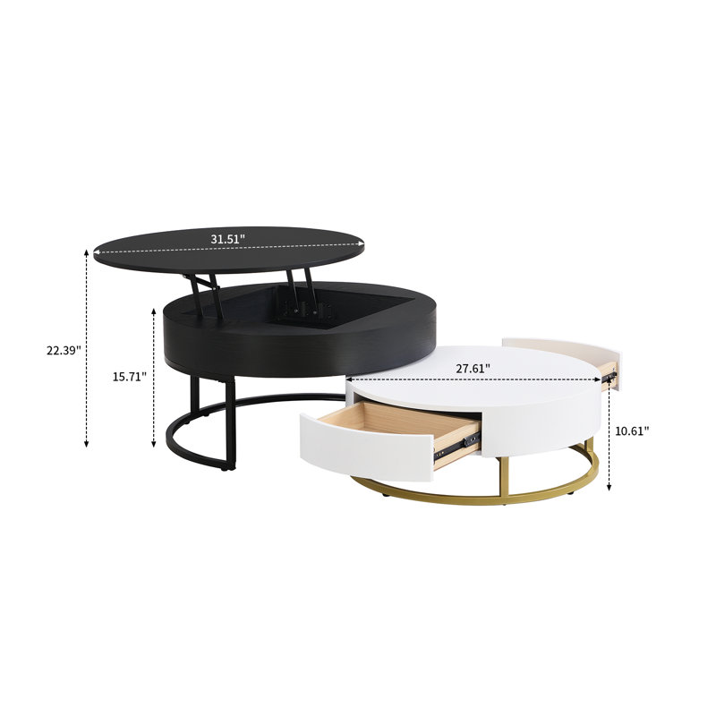 Minimalist Nesting Liftable Coffee Table with Drawers for Living Room, Black, Black
