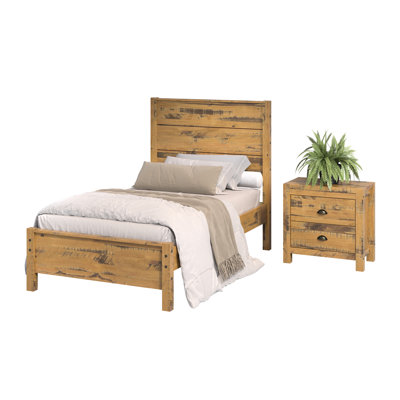 Ensemble de 2 articles pour chambre à coucher, lit simple et table de chevet avec 2 tiroirs Hibir