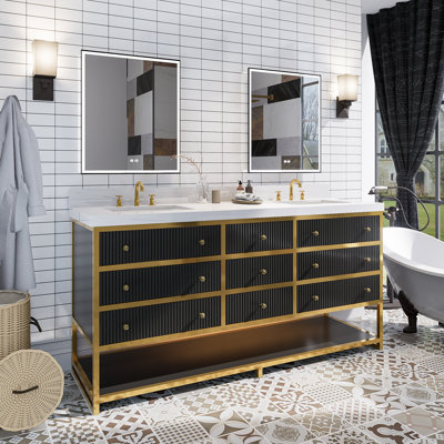 Ensemble de meuble-lavabo autoportant moderne en bois massif avec plateau en marbre