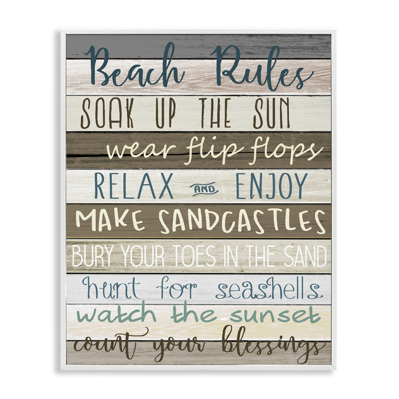 Nautical Fun Beach Rules List Rustic Boardwalk by Kim Allen - Textual Art Print, 20" H x 16" W, White Framed