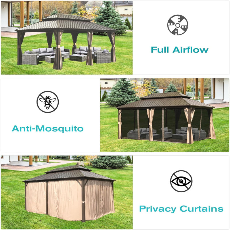 12' X 18' Gazebo, Aluminum Metal And Galvanized Steel. Privacy Curtains For Private Space. Brown 12X18ft Made Of Materials. Insect-Repellent Netting.