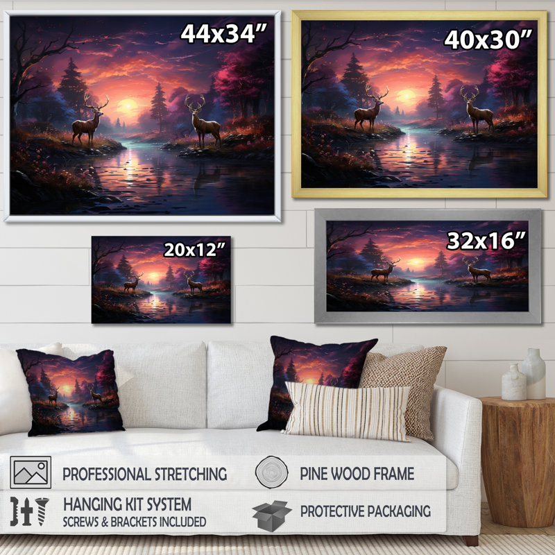 «Deer Enchanted Twilight I», reproduction sur toile, H 12 po x l 20 po x P 1 po, Cadre simple gris