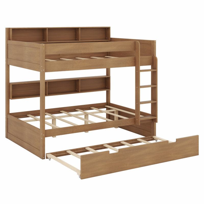 Bunk Bed Frame with Trundle and Built-in Storage Shelves, Antique Wood, Full over full