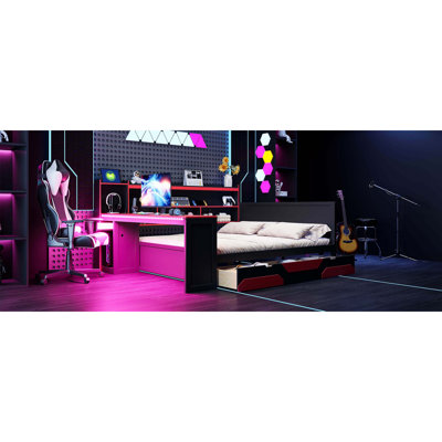 Lit de jour grand format avec bureau et lumières intégrés, base de lit en bois moderne avec 3 tiroirs de rangement et station de charge intégrée, bibliothèque multifonctionnelle noir et rouge