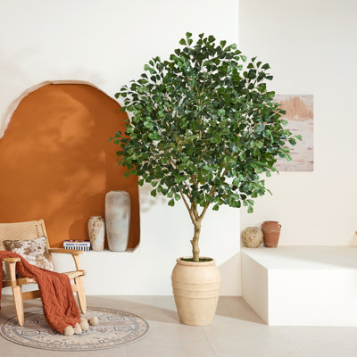 Grand 8Ft-9Ft Artificial Fiddle Leaf Fig Tree In Rustic Mud-Brown Stone-Texture Jar - Ultra-Lush Potted Faux Tree With 2200+ Leaves For High Ceilings, Grand Rooms & Mediterranean Decor