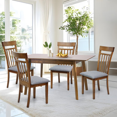 Dining Table Set for 4, Classic Style Solid Wood Warm Chairs w Extendable Rectangular Table, Kitchen Room Set, Medium Brown with PU Leather Fabric by George Oliver