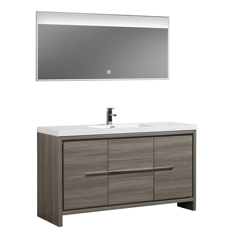 Ensemble de meuble-lavabo simple 60 po avec miroir Chetek, Gris érable