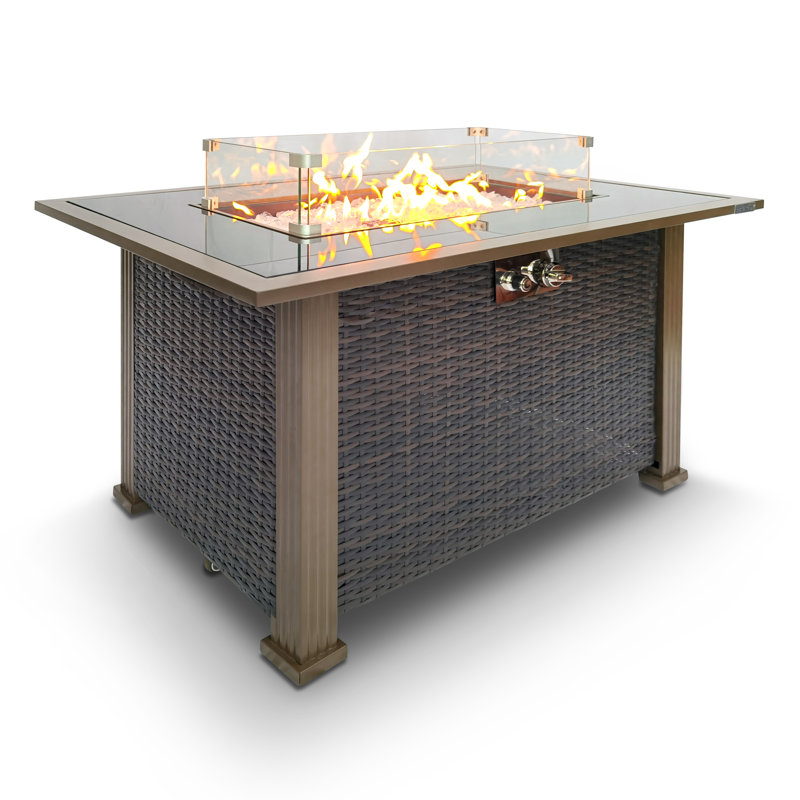 Black Rattan Propane Fire Pit Table with Glass Guard