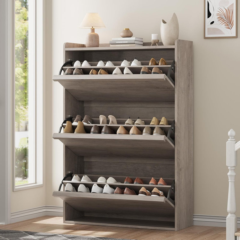 Armoire à chaussures 24 paires avec 3 tiroirs rabattables, armoire à chaussures en bois avec tablette réglable, Gris
