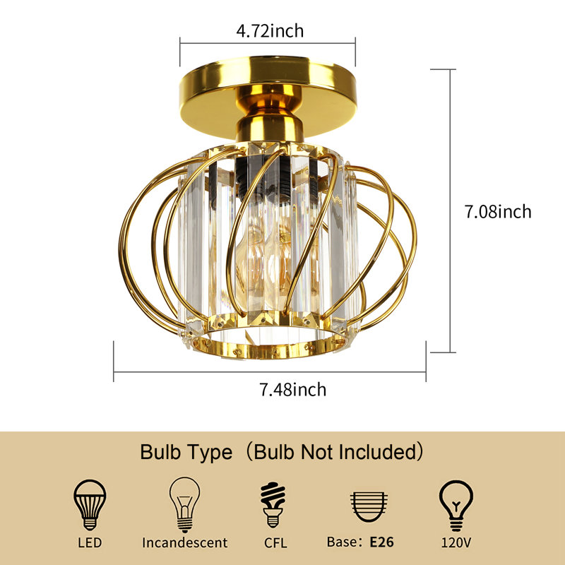 1-Light Mini 7.5" Crystal Flush Ceiling Light Gold Iron Frame, Gold