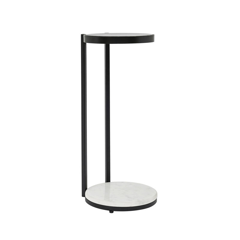 Black Drink Table with Glass Top & White Marble Base | Decorative Modern End Table | Metal Base Side Table | Accent Table for Living Room | 10x10x23.25"