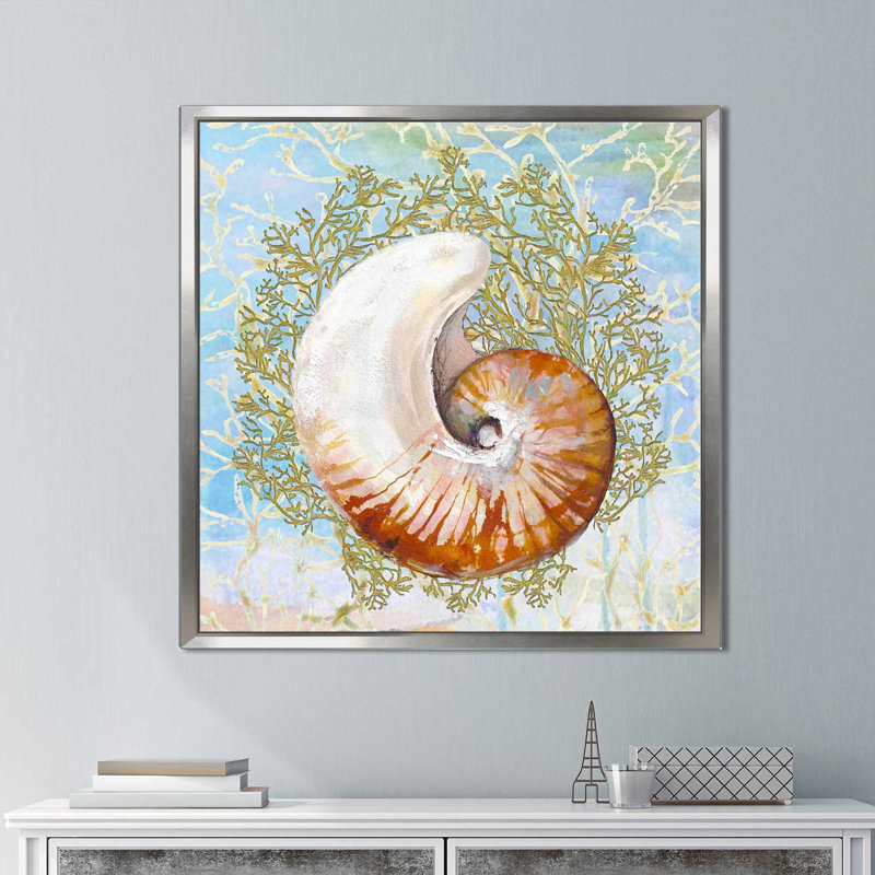 «Shell Medley I», reproduction de peinture acrylique, H 21,5 po x l 21,5 po x P 2 po, Cadre flottant argent