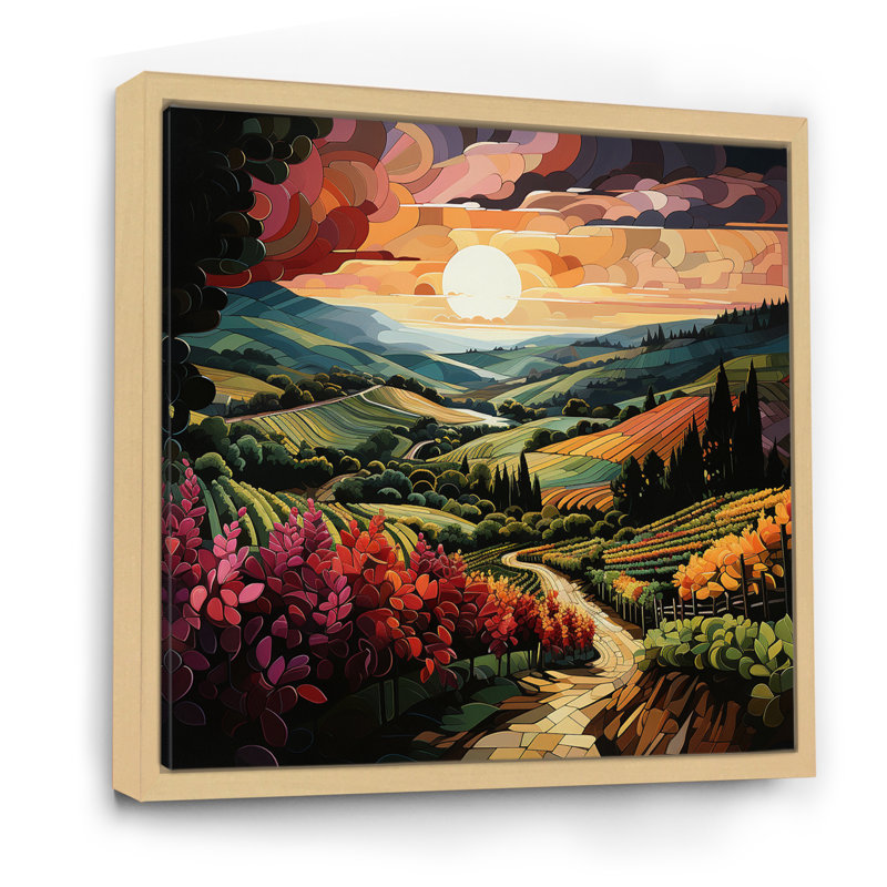 «Vineyard Sunset Rows Of Ruby Landscape I», reproduction sur toile, H 36 po x l 36 po x P 1,5 po, Cadre naturel flottant