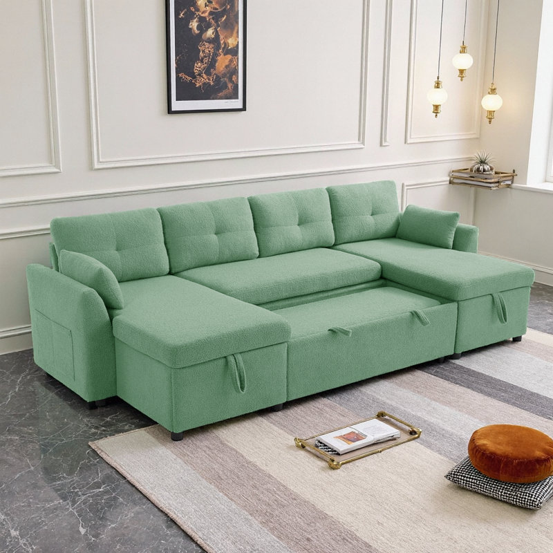 Canapé-lit moderne en forme de U avec rangement et ports USB - Tissu en peluche beige, Vert