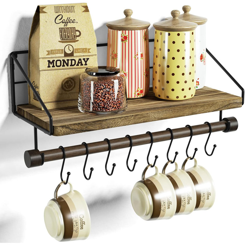 Floating Shelves Wall Mounted With Towel Bar And Hooks - Rustic Wood Shelf For Kitchen, Bathroom, Bedroom - Multi-Purpose Storage And Decor