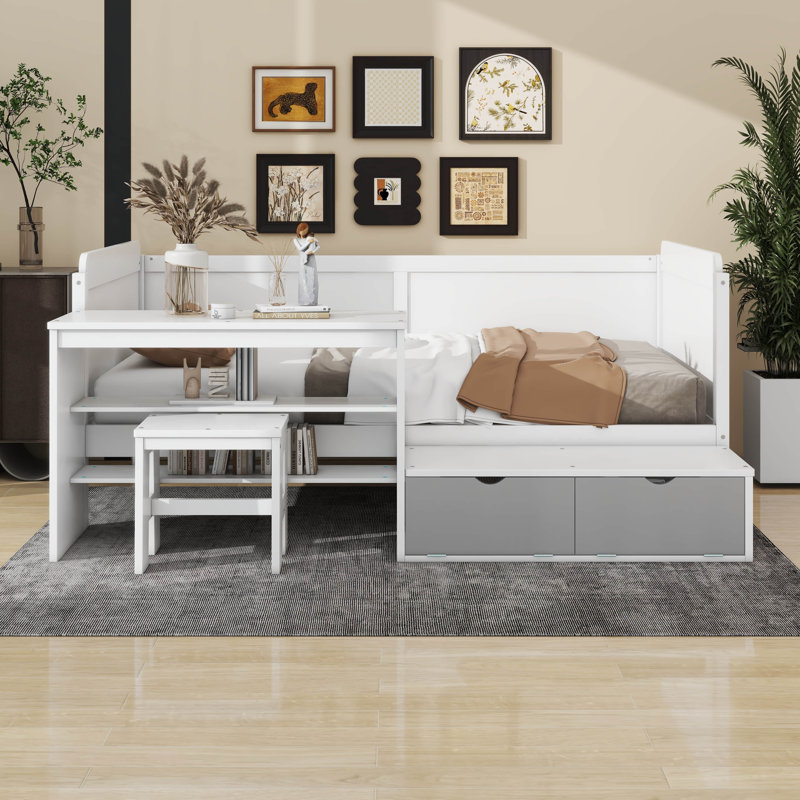 Twin Daybed With Storage Shelves And Study Desk, Matching Stool, White