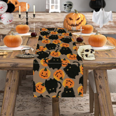 Chemin de table d'Halloween chat noir citrouilles cuisine saisonnière table de salle à manger décorations de fête en plein air 13 x 36 pouces