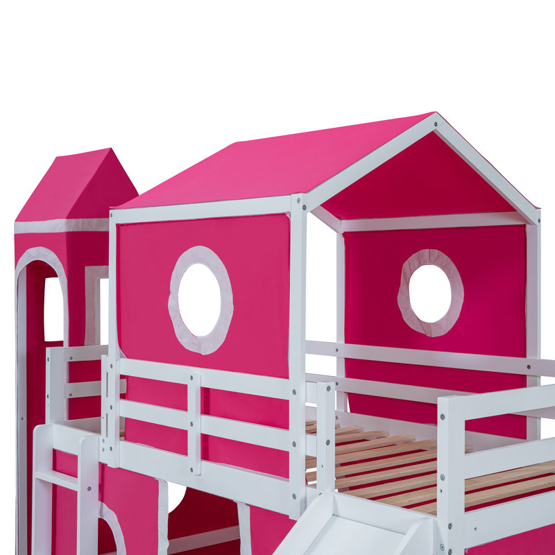 Delara Loft Bed With Slide And Playhouse, Pinewood And MDF, Twin, Pink/White
