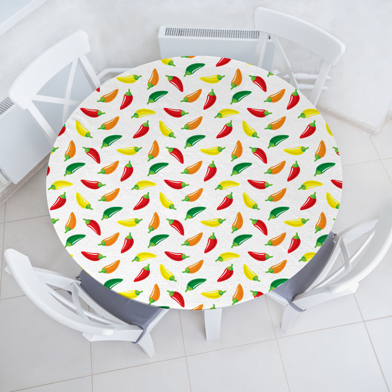 East Urban Home Peppers Fitted Round Tablecloth Multicolor 71472, 51.97" Round