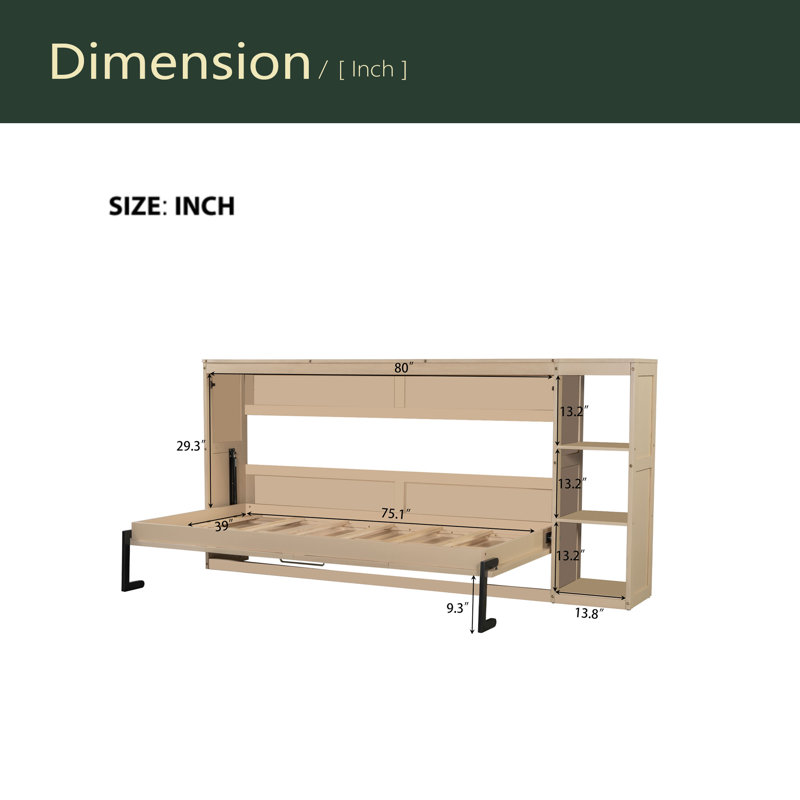 Murphy Bed With Bookshelf, Natural, Twin
