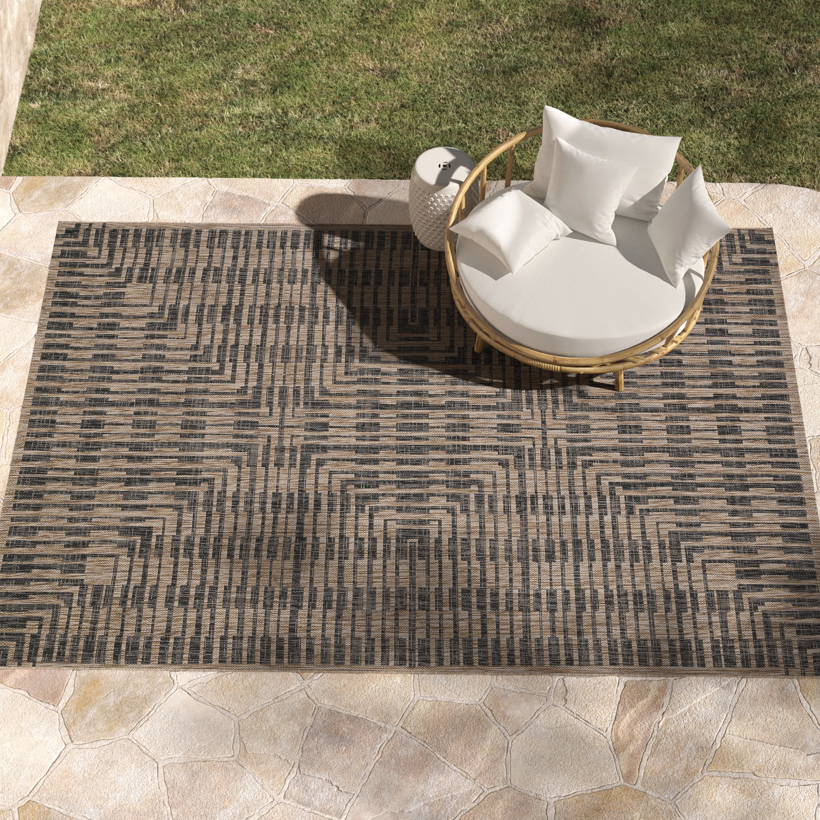 Tiza Brown Black Geometric Outdoor Rug, Rectangle 9'2" x 12'1"