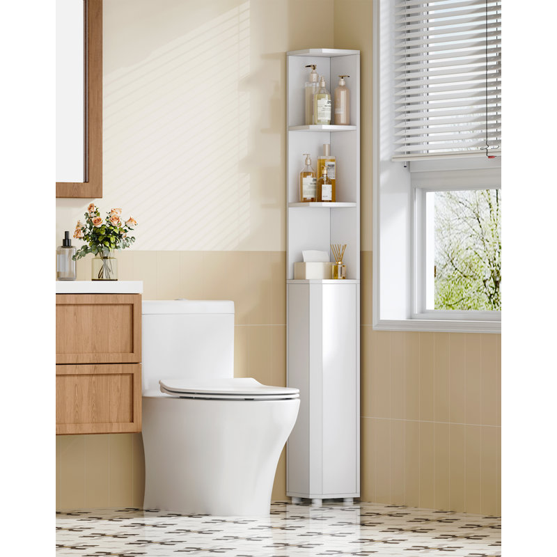 Tall Bathroom Cabinet, Corner Bathroom Cupboard with 3 Open Shelves and 2 Door, Freestanding White Wooden Corner Shelf Unit for Small Spaces, 20 x 20 x 170 cm, White 