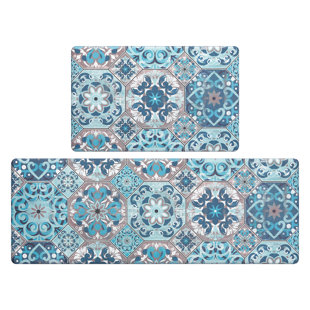 Vinyl Floor Mat With Decorative Tiles Pattern in Blue. Spanish Style Area  Rug, Kitchen Rug, Printed on PVC. Art Mat PVC Rugs. 