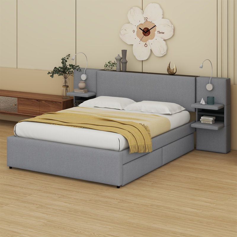 Lit plateforme tapissier avec lampes de lecture, tiroirs, lit gigogne et tablettes
