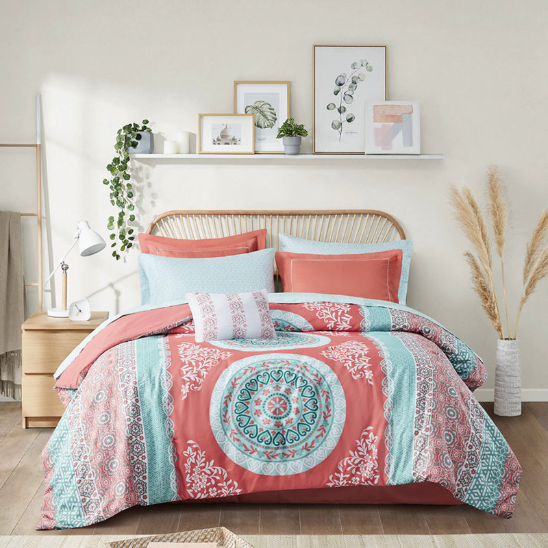 Édredon grand corail avec draps, Édredon pour grand lit + 9 pièces supplémentair, Corail