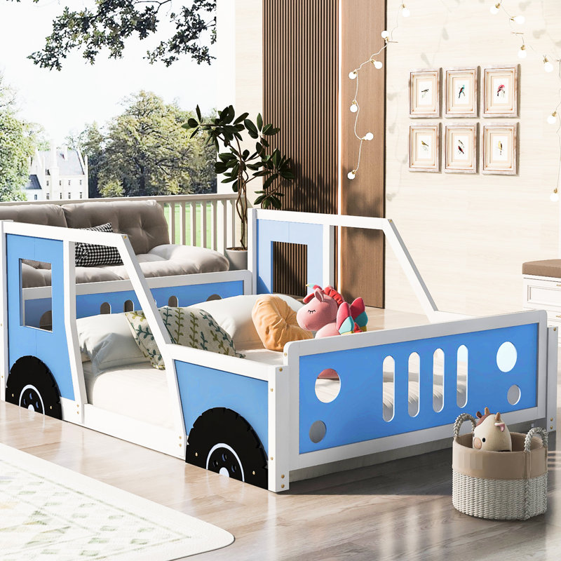 Blue Full Size Car Bed With Wheels - Pine And Structure Fun Theme Doors Windows Mattress Supported By Slatted Rails Effortless Assembly Steps Classic Car-Shaped Platform In Built For A Charming