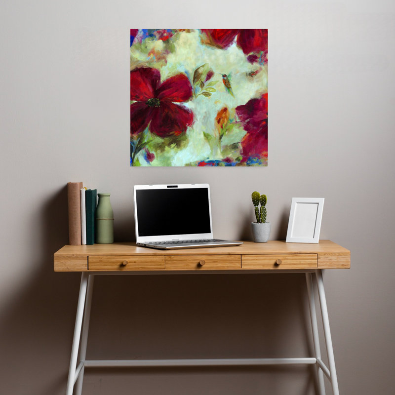 Hummingbird II Bold Delicate Impressionist Hummingbird Nature Flower Art, 18" H x 18" W