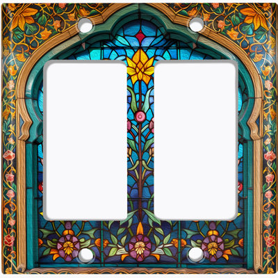 Metal Light Switch Plate Cover; US Standard Size 2 Gang GFI Rocker - Printed Image of Stained Glass Floral Pattern