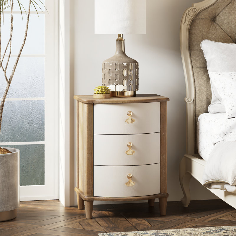 Elegant 3-Drawer Nightstand With Gold Leaf Handles, White/Brown
