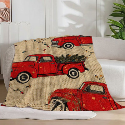1pc vintage rouge camionnettes de Noël flanelle couverture douce décor de Noël festif, rétro, confortable pour canapé / lit / voyage 60 * 80