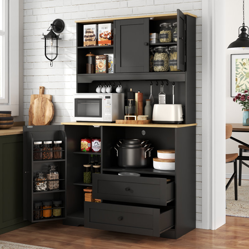 Armoire de rangement pour garde-manger avec support pour micro-ondes, Noir