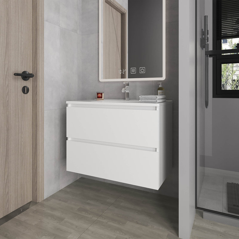 Meuble-lavabo flottant blanc avec deux tiroirs et lavabo, Blanc