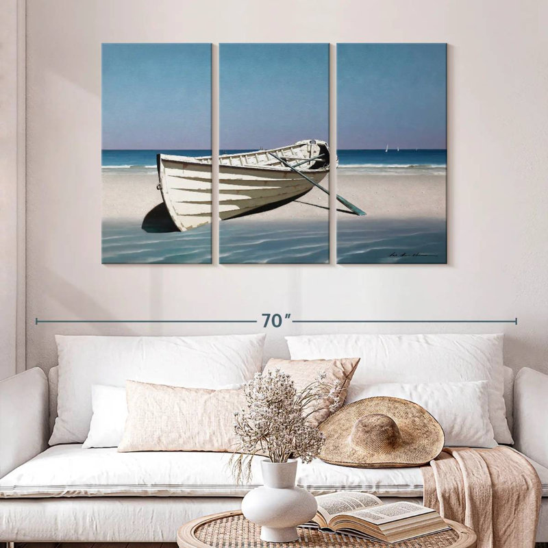 Mehar, bateau blanc sur la plage, H 32 po x l 50 po