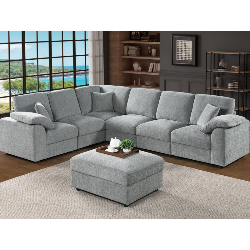 7-Piece Upholstered Corner Sectional, Light Gray Chenille
