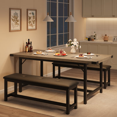 63" Extendable Dining Table Set with 2 Benches, 3-Piece Rectangle Kitchen Table Set for 4-6 People, Industrial Wood Dinette Set with Sturdy Metal Fram
