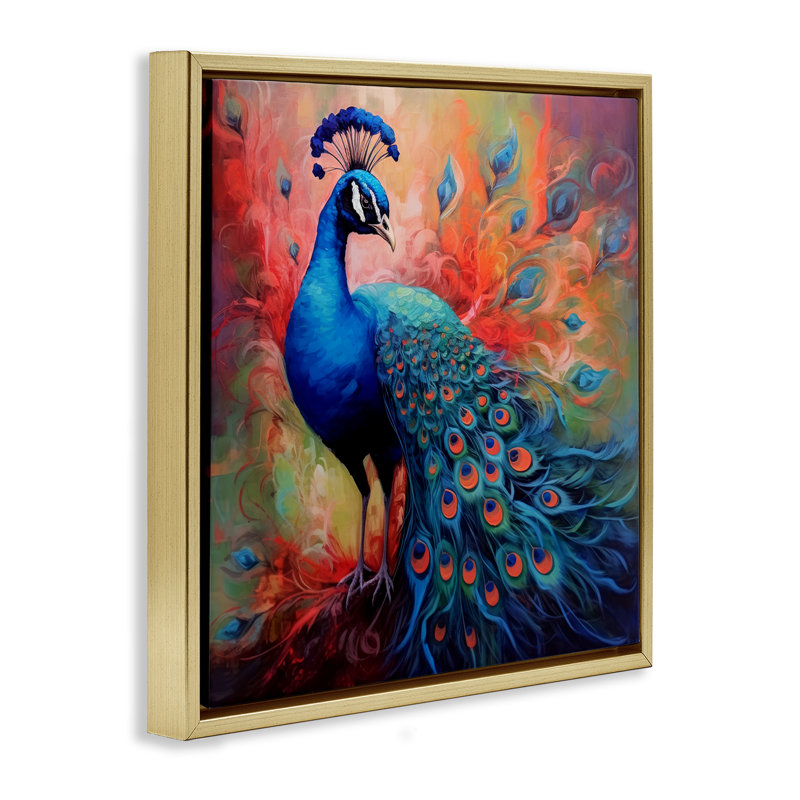 «Feathered Fantasy Peacock», art mural sur toile flottante par Lazar Studio, Cadre flottant métallique doré