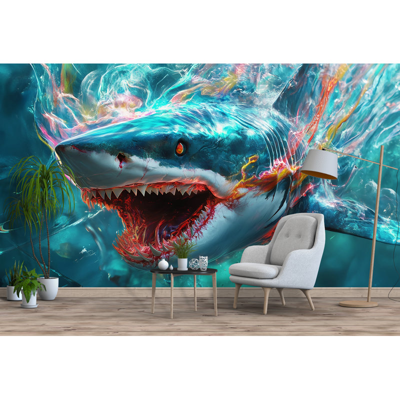 Dynamic Underwater Shark Attack Wallpaper, Colorful Splash Art For Unique Wall Decor, Epic Underwater Predator Scene For Thrilling Interior Design
