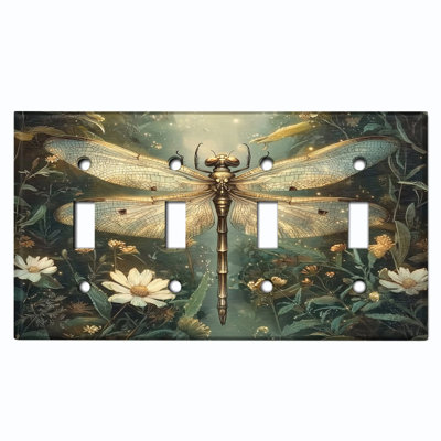 Metal Light Switch Plate Cover; US Standard Size 4 Gang Toggle - Whimsical Dragonfly