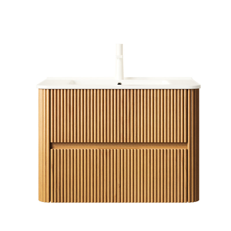 Meuble-lavabo de 30 po avec lavabo, lavabo en céramique blanche, armoire de contreplaqué flottante murale, 2 tiroirs, naturel, installation et utilisation faciles, surface de rangement de style moderne, amortissement en douceur,