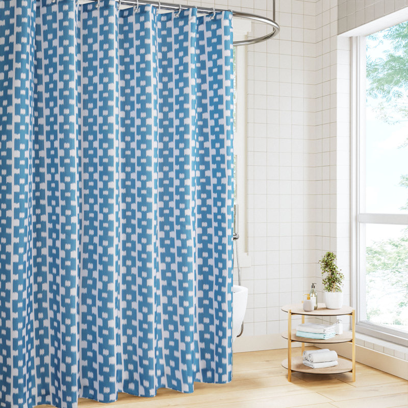 Ensemble de rideau de douche imprimé en tissu texturé Slub avec 12 crochets de douche en plastique, Mosaïque azur