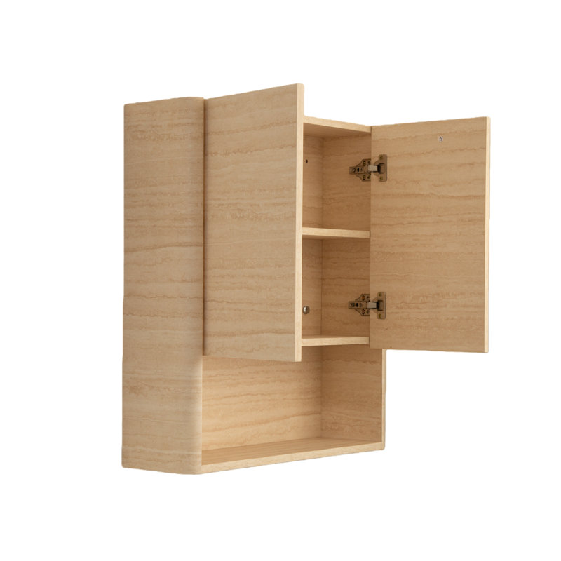 Armoire de rangement murale de 26 po avec bord arrondi, portes à fermeture douce et tablette ouverte, organisateur flottant moderne pour la salle de bain, la buanderie ou la cuisine (chêne blanc / beige)