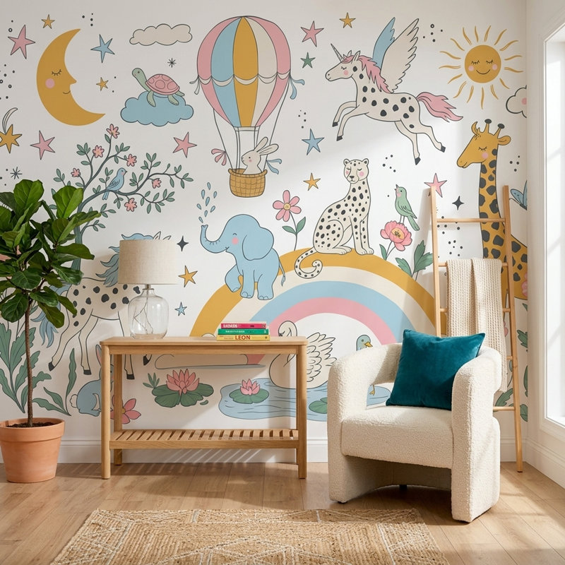 Papier peint fond blanc avec montgolfière, 160"x108", Texturé non collé