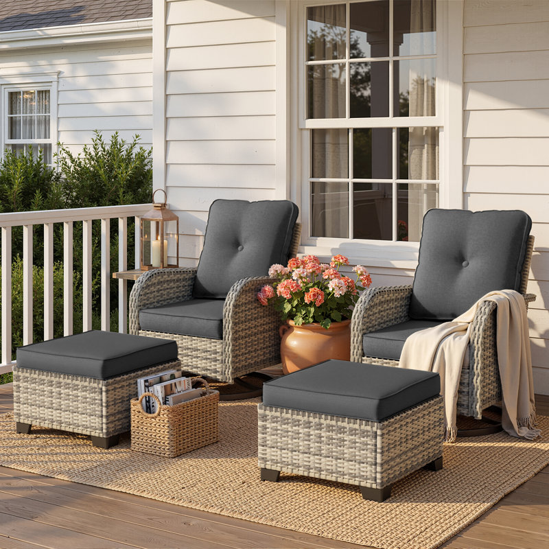 Ensemble de chaises berçantes pivotantes d'extérieur 4 pièces avec coussins et repose-pieds, Noir