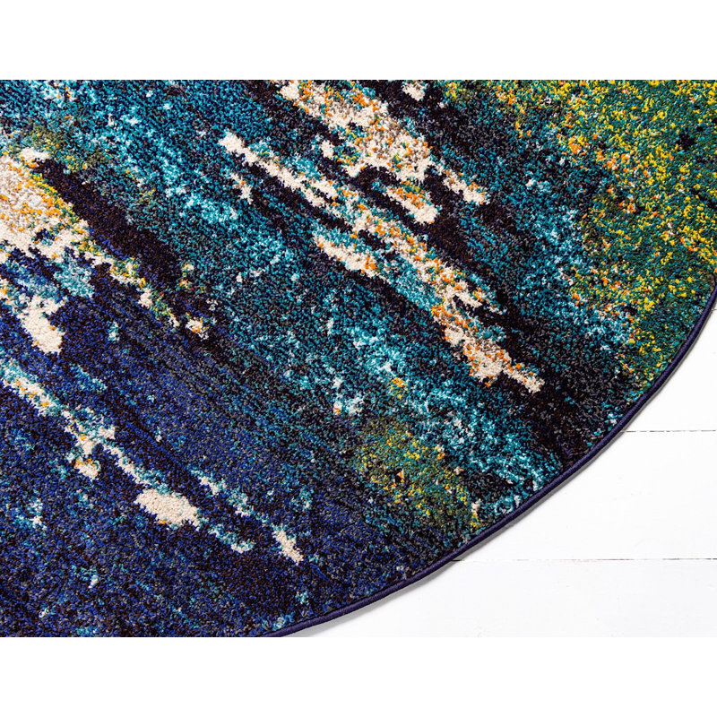 Tapis bleu marine à motif géométrique shirey, Rond 6 pi