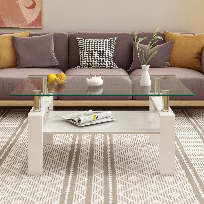 Table basse rectangulaire, table moderne en verre trempé transparent, table basse, Clair, Noir / brun