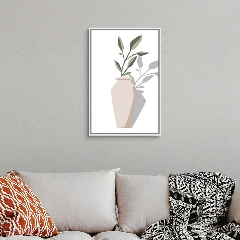 Vase et tige IV, art mural, H 32 po x l 22 po, Toile avec cadre blanc